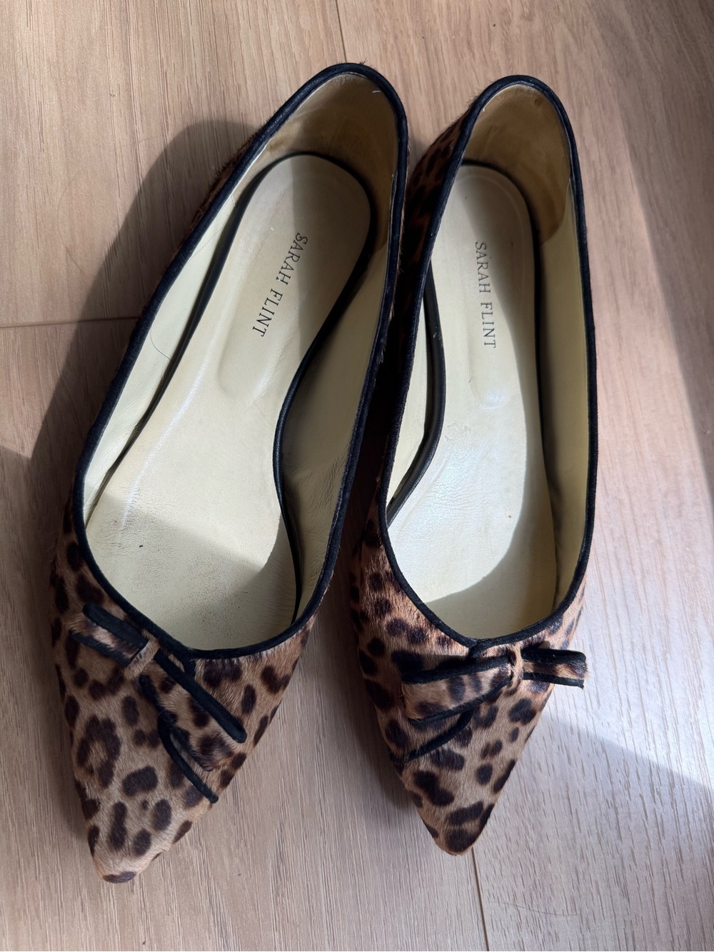 Sarah Flint Leopard-Pattern Pointed Ballet Flats with Black Trim